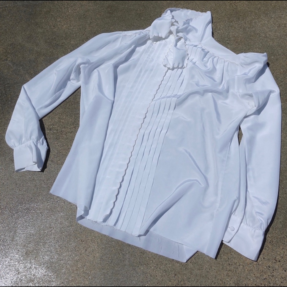 80s Vintage Hand Embroidered White Blouse Bow